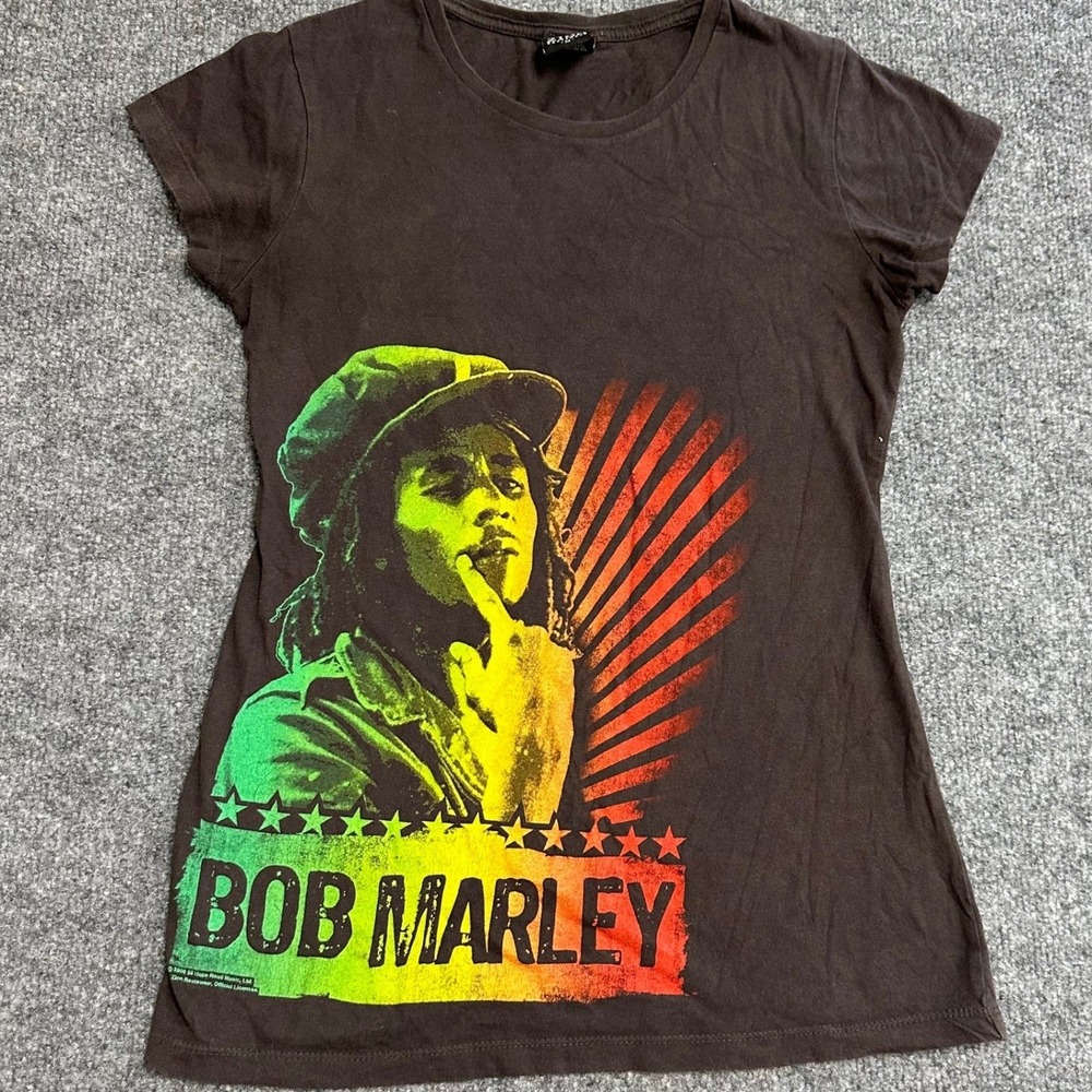 Zion Rootswear Graphic Tee Womens Size M Brown Bob Marley Rasta Slim Fit Shirt